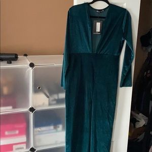 Women green velvet plunge split leg maxi